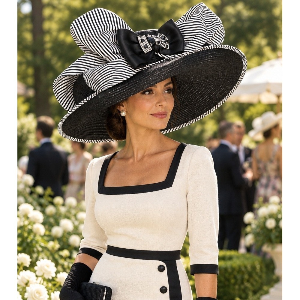 Whittall & Shon Black White Stripe Wide Brim Derby Hat Rhinestone Bow Church
